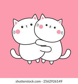 Happy Valentines day. Cute cat kitten set hugging Love couple family. Hug, embrace, cuddle. Line contour silhouette. Kawaii funny cartoon character. Greeting card. Pink background. Flat design. Vector