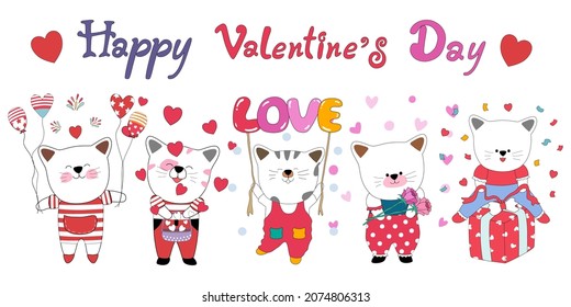 Happy Valentine's Day with cute cats designed in doodle style. Perfect for Valentine's Day themes such as cards, stickers, t-shirt designs, digital paper, pillows, fabric patterns, mugs DIY and more.