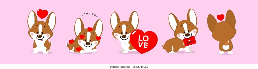 Feliz día de San Valentín con lindo perro de corgi y corazón rojo. Animal de mascota en vacaciones de amor colección de personajes de dibujos animados. -Vector