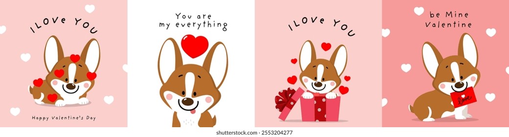 Feliz día de San Valentín con lindo perro de corgi y corazón rojo. Animal de mascota en vacaciones de amor colección de personajes de dibujos animados. -Vector