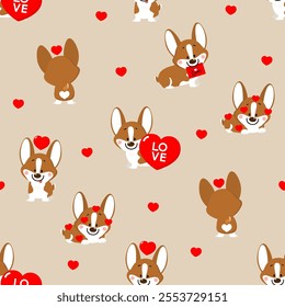 Happy Valentine's day with cute corgi puppy dog and red heart seamless pattern. Pet animal in love holidays cartoon character collection and background. -Vector