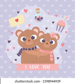happy valentines day cute couple embraced bears heart cupcake message love vector illustration