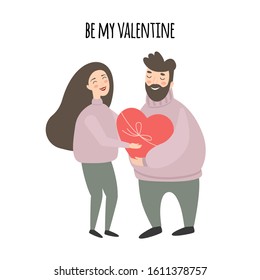 Happy Valentines Day cute couple with heart. Young beautiful girl proposing his feelings to boyfriend. Happy couple in love on a white background. Valentine's Day card, vector illustration