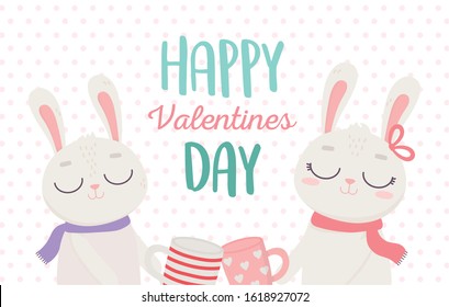 happy valentines day, cute couple bunnies with coffee cups celebration vector illustration