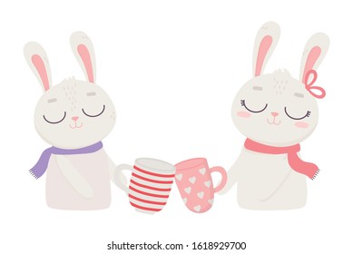 happy valentines day, cute couple bunnies with coffee cups celebration vector illustration