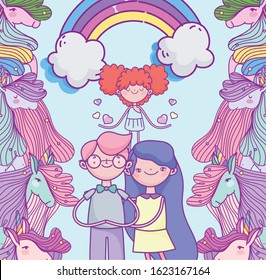 happy valentines day, cute couple and cupid hearts love unicorns rainbow fantasy vector illustration
