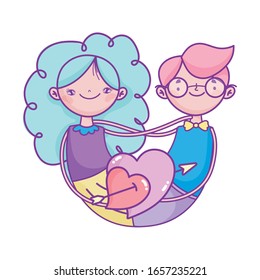 happy valentines day, cute couple with hearts with arrow celebration vector illustration