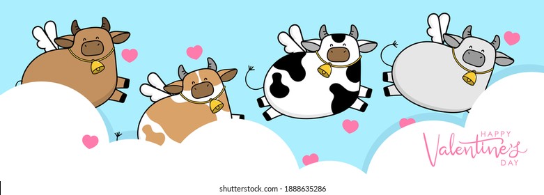 Happy Valentine's Day with cute cow have cupid wings. 2021 The year of the ox. Love holidays cartoon character. -Vector