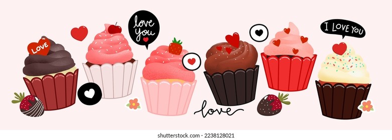 Happy Valentine's Day with cute cupcake, strawberry, chocolate and cream. Japanese dessert vector.