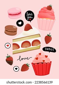 Happy Valentine's Day with cute cupcake, macaroon, strawberry, chocolate and cream. Japanese dessert vector.