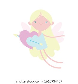 happy valentines day, cute cupid with hearts pierced arrow love celebration vector illustration