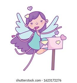 happy valentines day, cute cupid with hearts and mailbox letter celebration vector illustration