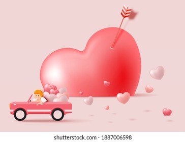 Happy Valentine's day with cute cupid and 3d art style vector illustration