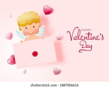 Happy Valentine's day with cute cupid and 3d art style vector illustration