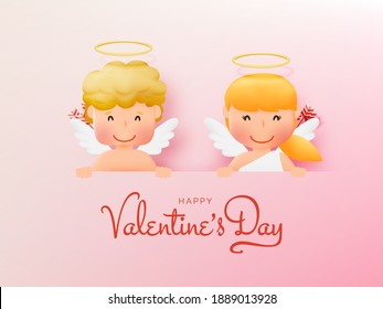 Happy Valentine's day with cute cupid and 3d art style vector illustration
