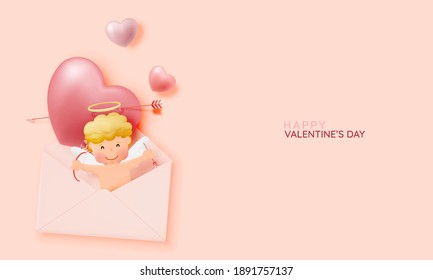 Happy Valentine's day with cute cupid and 3d art style vector illustration