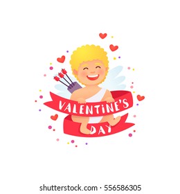 Happy Valentine's Day. Cute Cupid. Emblem, label. Vector illustration cartoon style