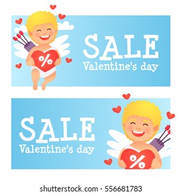 Happy Valentine's Day. Cute Cupid. Web banner, label. Valentine's sale. Valentines Day banner. Vector illustration cartoon style