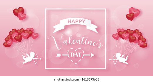 Happy Valentine's day with cute cupids and 3D hearts. Vector illustration. 
