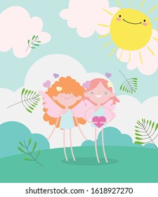 happy valentines day, cute cupids with hearts love romantic meadow foliage nature vector illustration
