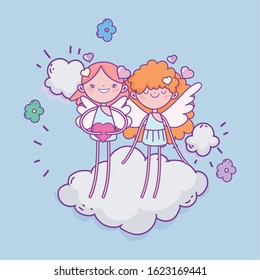 happy valentines day, cute cupids on cloud hearts love flowers romantic vector illustration