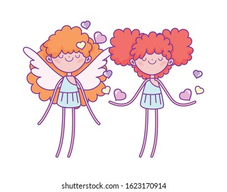 happy valentines day, cute cupids with hearts love romantic vector illustration