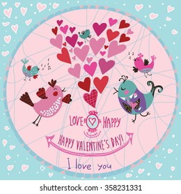 Happy Valentine's Day! Cute decorative card for Lovers
with birds, hearts and Recognition in love.