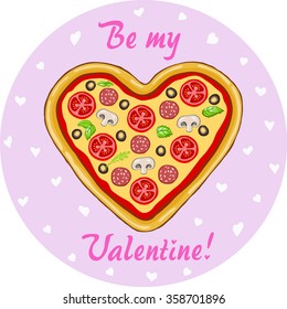 Happy Valentine's Day! Cute decorative card. Pizza in the shape of heart and hearts on the lilac background