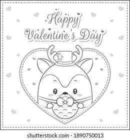 happy valentines day cute deer drawing post card big heart sketch for coloring