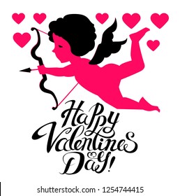 Happy Valentine's Day. Cute Design Template with Hearts, Lettering and Cupid Holding Bow and Arrow. Vector illustration