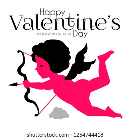 Happy Valentine's Day. Cute Design Template with Hearts, Cloud and Cupid Holding Bow and Arrow. Vector illustration