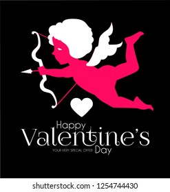 Happy Valentine's Day. Cute Design Template with Hearts, Cloud and Cupid Holding Bow and Arrow. Vector illustration