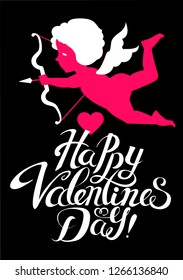 Happy Valentine's Day. Cute Design Template with Hearts, Lettering and Cupid Holding Bow and Arrow. Vector illustration