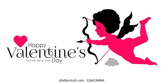 Happy Valentine's Day. Cute Design Template with Hearts, Cloud and Cupid Holding Bow and Arrow. Vector illustration