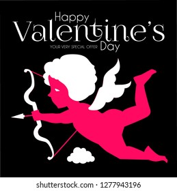 Happy Valentine's Day. Cute Design Template with Hearts, Cloud and Cupid Holding Bow and Arrow. Vector illustration