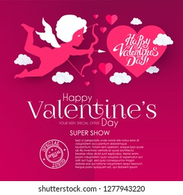 Happy Valentine's Day. Cute Design Template with Hearts, Cloud and Cupid Holding Bow and Arrow. Vector illustration