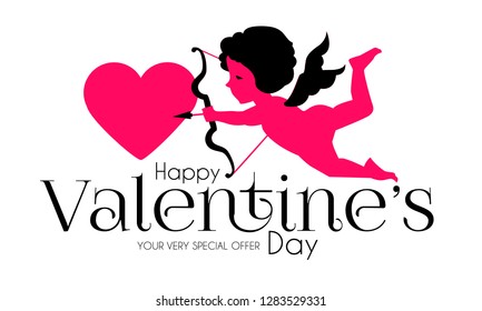 Happy Valentine's Day. Cute Design Template with Hearts, Cloud and Cupid Holding Bow and Arrow. Vector illustration