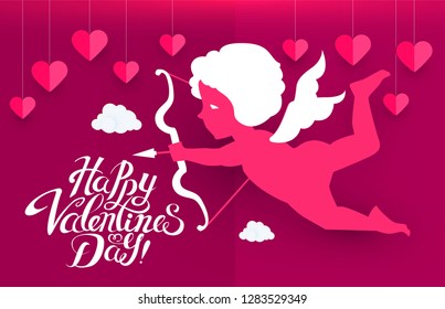 Happy Valentine's Day. Cute Design Template with Hearts, Cloud and Cupid Holding Bow and Arrow. Vector illustration