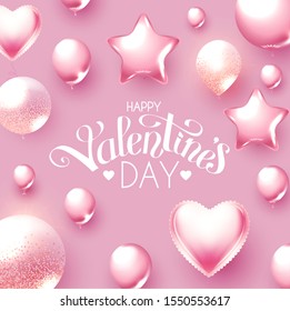 Happy Valentine's Day! Cute design with realistic pink foul balloons, lettering and lights.