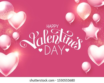 Happy Valentine's Day! Cute design with realistic pink foul balloons, lettering and lights.