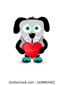 Happy Valentine's Day. Cute dog carrying red heart. Flat cartoon vector illustration isolated on white background. Funny dog icon for nursery design, print, post card, invitation.
