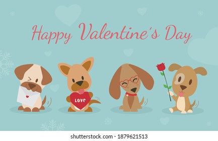 Happy Valentine's Day with cute dogs vector. Dog carries rose to friends. The dog is shy and smiling Vector illustration card with cute cartoon little Valentine. cute animal vector.