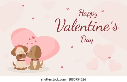 Happy Valentine's Day with cute dogs kissing greeting card. shy smiling dogs in love. Cute cartoon vector illustration card with little hearts on pastel color background.