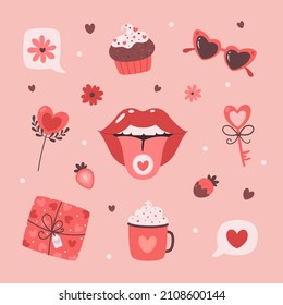 Happy Valentines Day cute elements. Love, romantic, wedding, Valentines day concept. Vector illustration