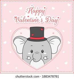 happy valentines day cute elephant drawing post card with hearts