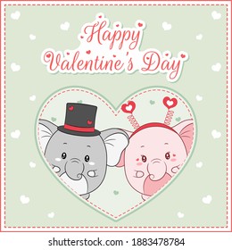 happy valentines day cute elephant drawing post card with hearts