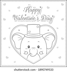 happy valentines day cute elephant drawing post card big heart sketch for coloring