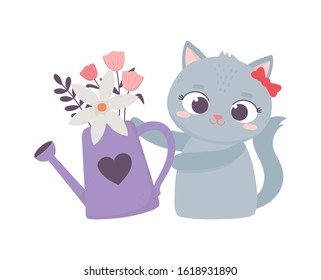 happy valentines day, cute female cat with watering can flowers vector illustration