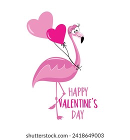 Happy Valentine's Day - cute flamingo with heart balloons. Good for greeting card, poster, label, T shirt print, and other gifts design for Valentine's Day.