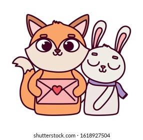 happy valentines day, cute fox with envelope letter and rabbit with scarf love celebration vector illustration